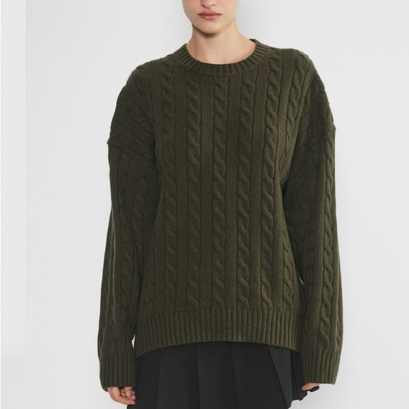aritzia Peggy Sweater Merino wool crewneck cable-knit sweater Olive - Picture 3 of 10